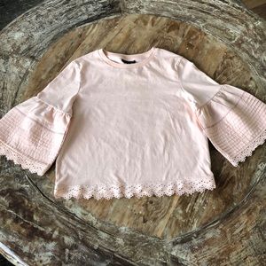 Top Shop baby pink eyelet/crochet bell sleeve top